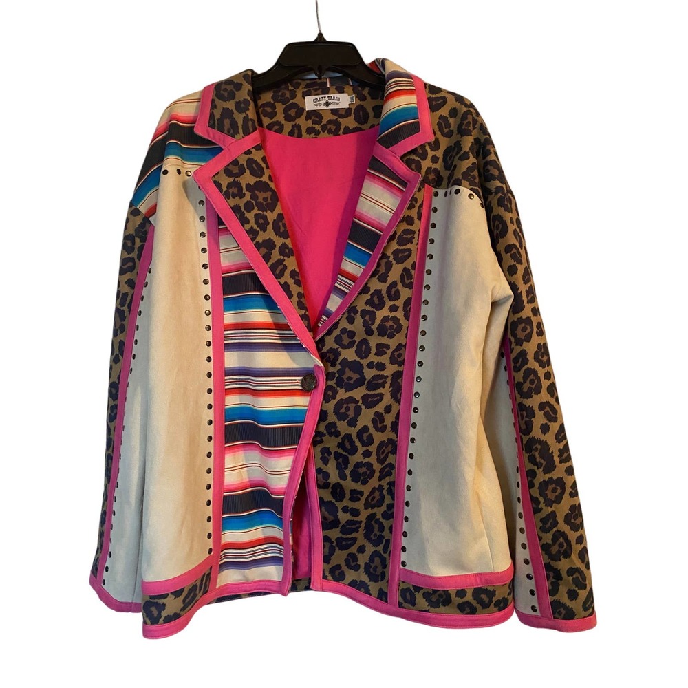 #34 Crazy Train Women's 2XL Rhinestone Cowgirl Cardigan Cheetah Stripe Blazer
